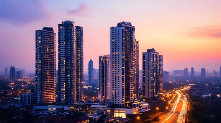 Modern residential towers at Adani Adarsh Nagar Worli with city skyline in the background